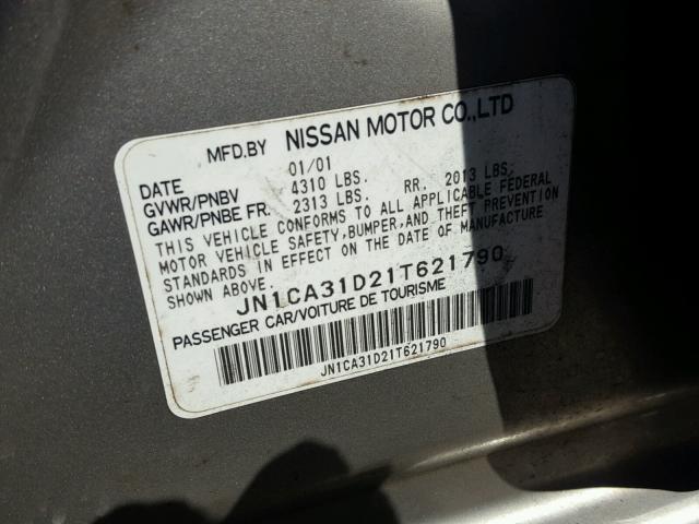 JN1CA31D21T621790 - 2001 NISSAN MAXIMA GXE GRAY photo 10