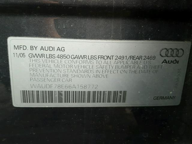 WAUDF78E66A158772 - 2006 AUDI A4 2.0T QU GRAY photo 10