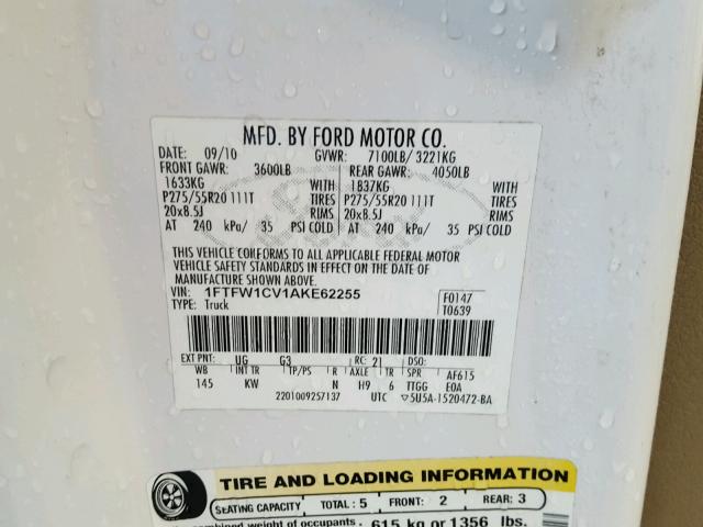 1FTFW1CV1AKE62255 - 2010 FORD F150 SUPER WHITE photo 10