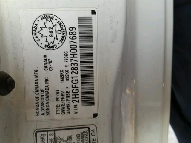 2HGFG12837H007689 - 2007 HONDA CIVIC EX თეთრი ფოტო 10