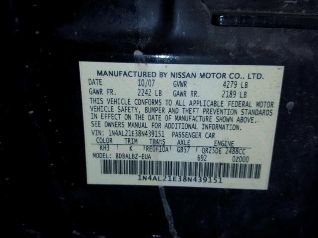 1N4AL21E38N439151 - 2008 NISSAN ALTIMA 2.5 BLACK photo 10