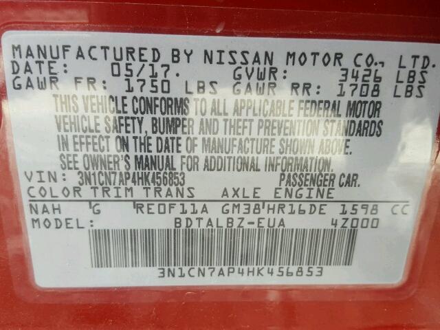 3N1CN7AP4HK456853 - 2017 NISSAN VERSA S RED photo 10