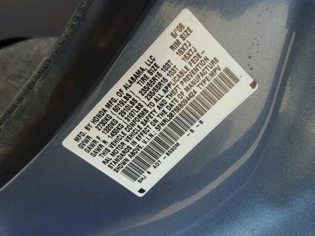 5FNRL38758B094424 - 2008 HONDA ODYSSEY EX BLUE photo 10