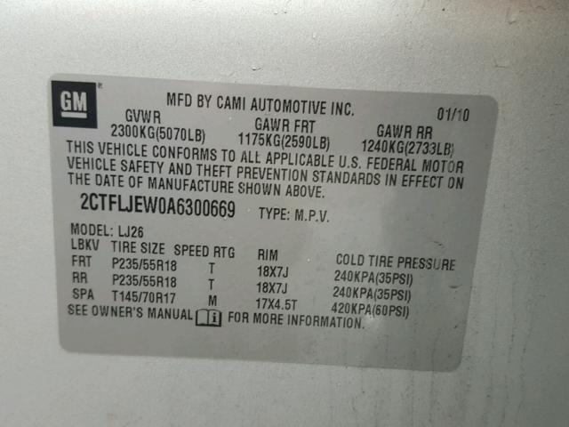 2CTFLJEW0A6300669 - 2010 GMC TERRAIN SL SILVER photo 10