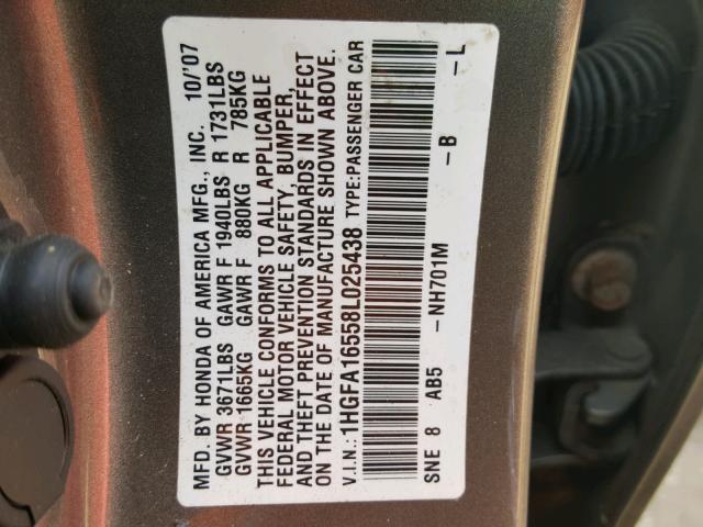 1HGFA16558L025438 - 2008 HONDA CIVIC LX GRAY photo 10