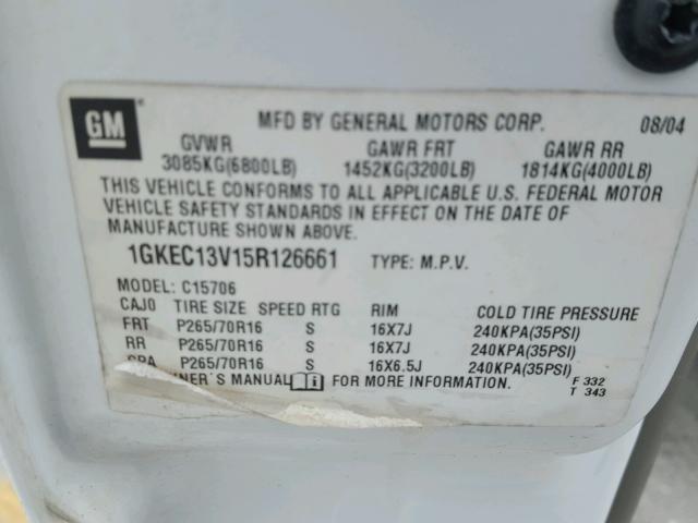 1GKEC13V15R126661 - 2005 GMC YUKON WHITE photo 10