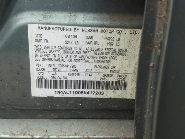 1N4AL11D05N417203 - 2005 NISSAN ALTIMA S GREEN photo 10