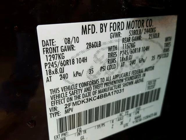 2FMDK3KC4BBA17031 - 2011 FORD EDGE LIMIT MAROON photo 10