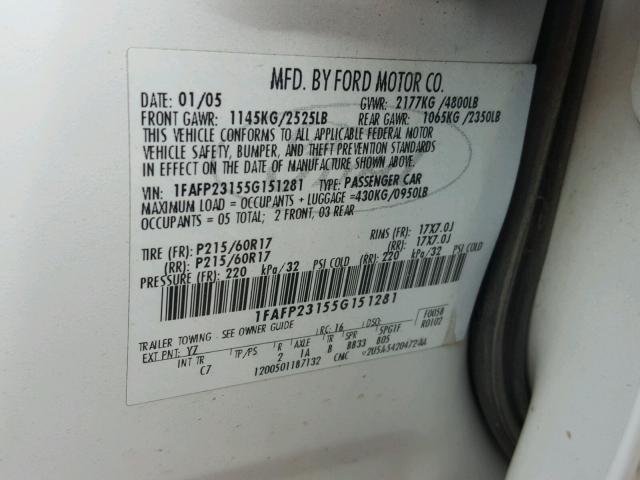 1FAFP23155G151281 - 2005 FORD FIVE HUNDR WHITE photo 10