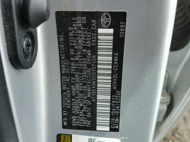 4T1BE46K27U157456 - 2007 TOYOTA CAMRY NEW SILVER photo 10