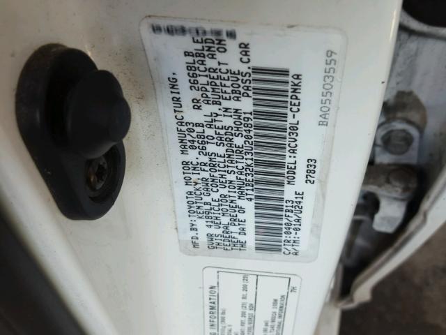 4T1BE32K13U204891 - 2003 TOYOTA CAMRY LE WHITE photo 10