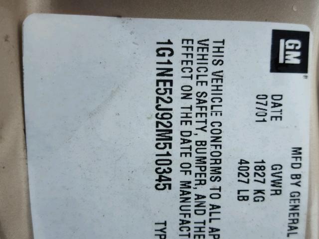 1G1NE52J92M510345 - 2002 CHEVROLET MALIBU LS GOLD photo 10