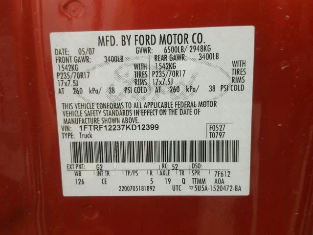 1FTRF12237KD12399 - 2007 FORD F150 Bordeaux photo 10