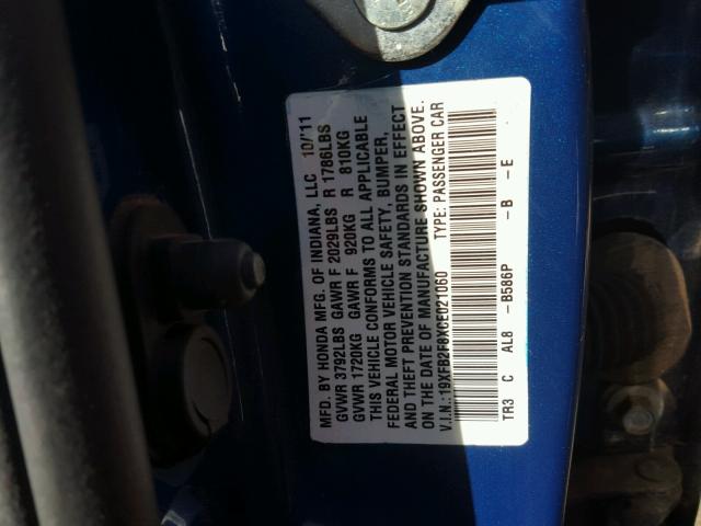 19XFB2F8XCE021060 - 2012 HONDA CIVIC EX BLUE photo 10