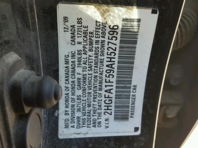 2HGFA1F59AH527596 - 2010 HONDA CIVIC LX BLACK photo 10