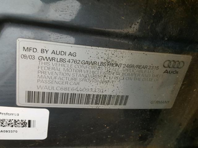 WAULC68E64A093370 - 2004 AUDI A4 1.8T QU GRAY photo 10