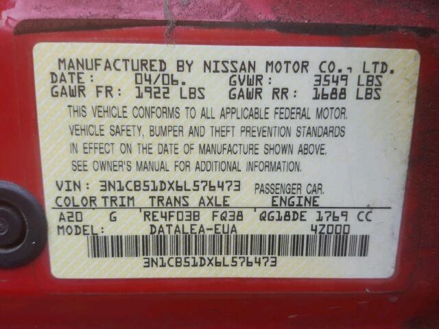 3N1CB51DX6L576473 - 2006 NISSAN SENTRA 1.8 RED photo 10