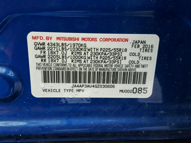 JA4AP3AU4GZ030606 - 2016 MITSUBISHI OUTLANDER BLUE photo 10