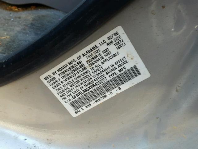 5FNRL386X6B425227 - 2006 HONDA ODYSSEY EX SILVER photo 10