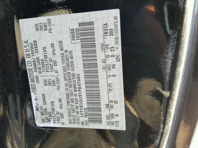 1FTYR10U91PB47685 - 2001 FORD RANGER BLACK photo 10