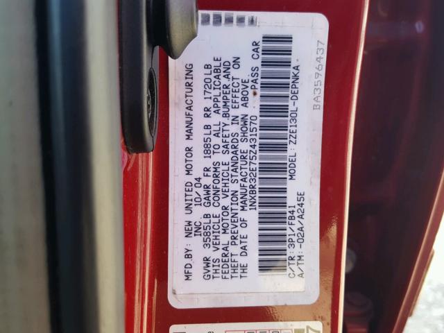 1NXBR32E75Z431570 - 2005 TOYOTA COROLLA CE RED photo 10