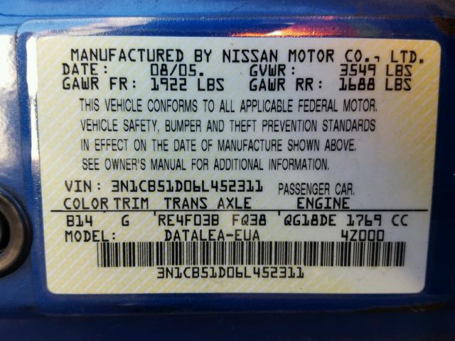 3N1CB51D06L452311 - 2006 NISSAN SENTRA 1.8 BLUE photo 10