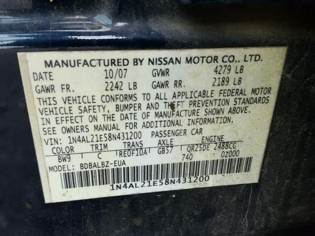 1N4AL21E58N431200 - 2008 NISSAN ALTIMA 2.5 BLUE photo 10