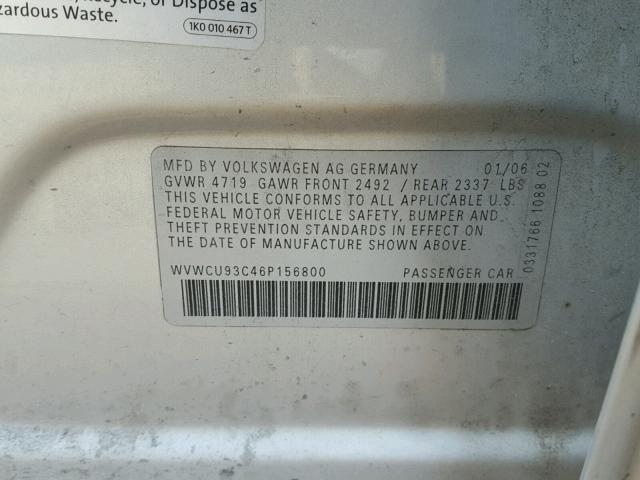 WVWCU93C46P156800 - 2006 VOLKSWAGEN PASSAT 3.6 SILVER photo 10