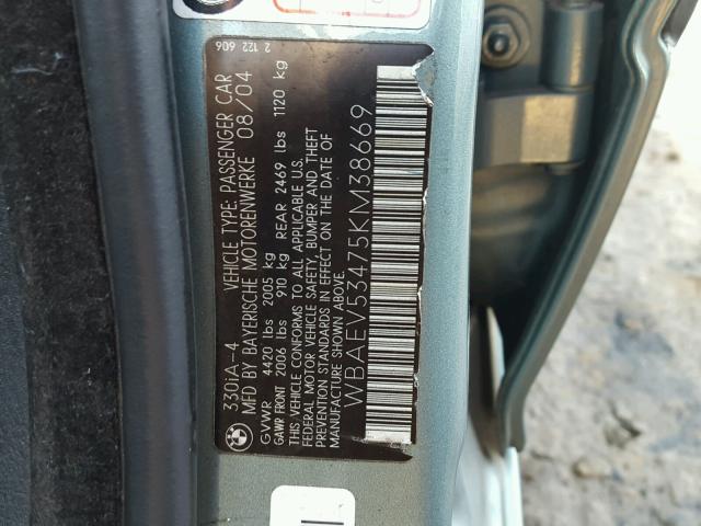 WBAEV53475KM38669 - 2005 BMW 330 I BLUE photo 10