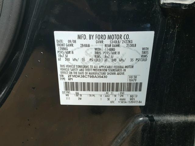 2FMDK38C79BA35430 - 2009 FORD EDGE SEL BLACK photo 10