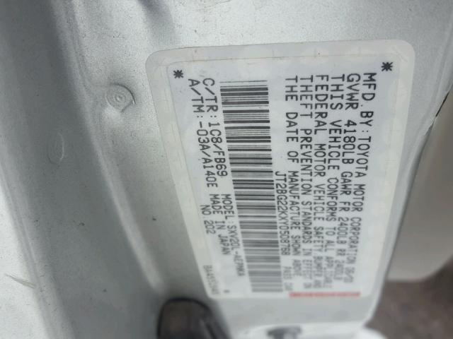 JT2BG22KXY0508768 - 2000 TOYOTA CAMRY CE SILVER photo 10