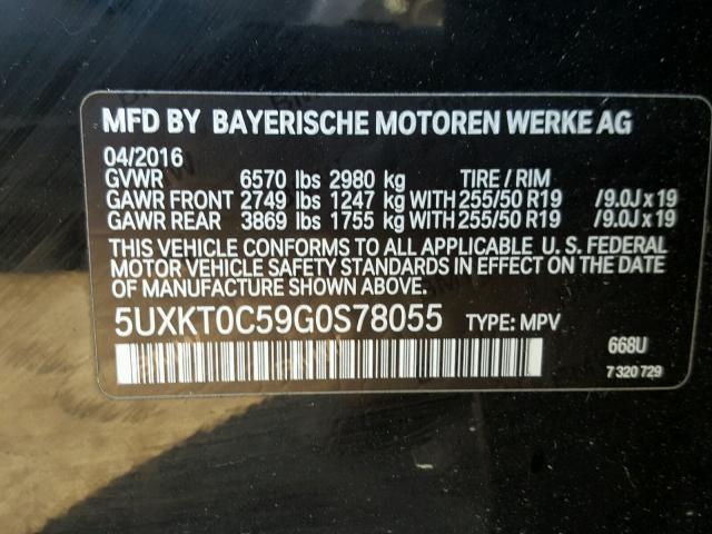 5UXKT0C59G0S78055 - 2016 BMW X5 XDR40E BLACK photo 10