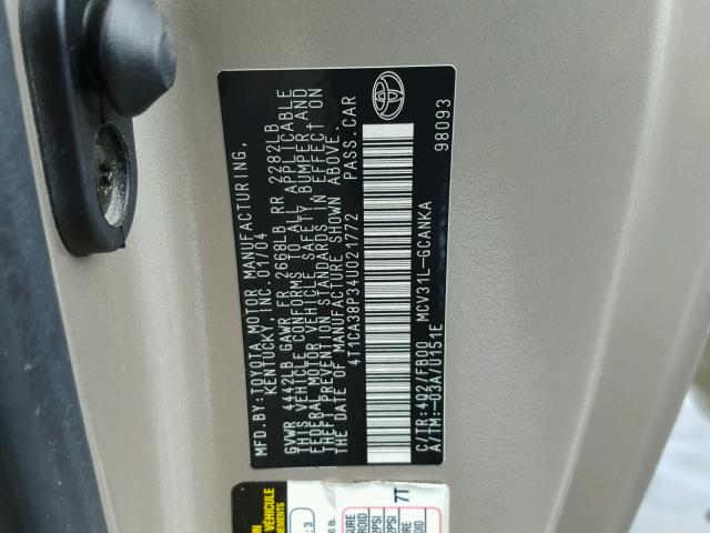 4T1CA38P34U021772 - 2004 TOYOTA CAMRY SOLA GOLD photo 10