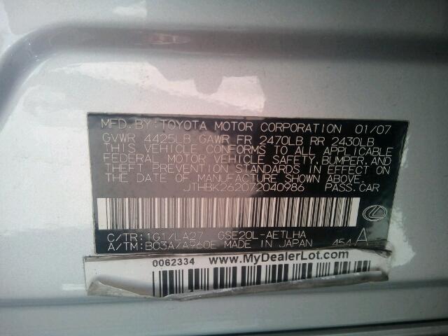 JTHBK262072040986 - 2007 LEXUS IS 250 SILVER photo 10