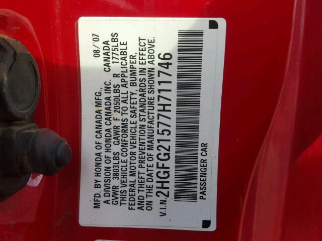 2HGFG21577H711746 - 2007 HONDA CIVIC SI RED photo 10