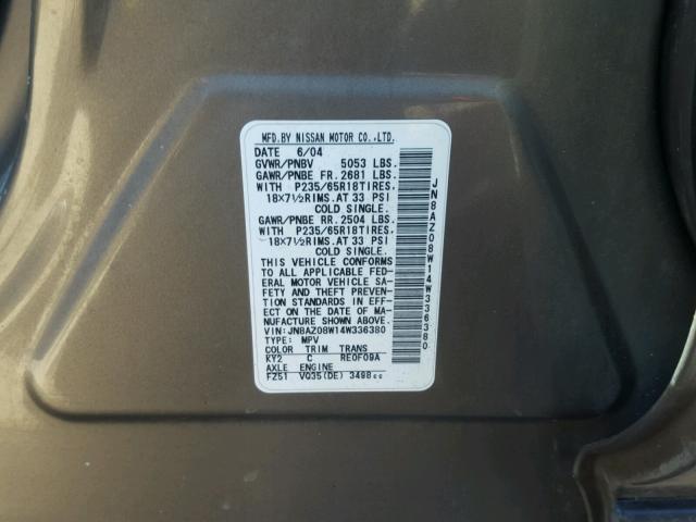 JN8AZ08W14W336380 - 2004 NISSAN MURANO SL GRAY photo 10