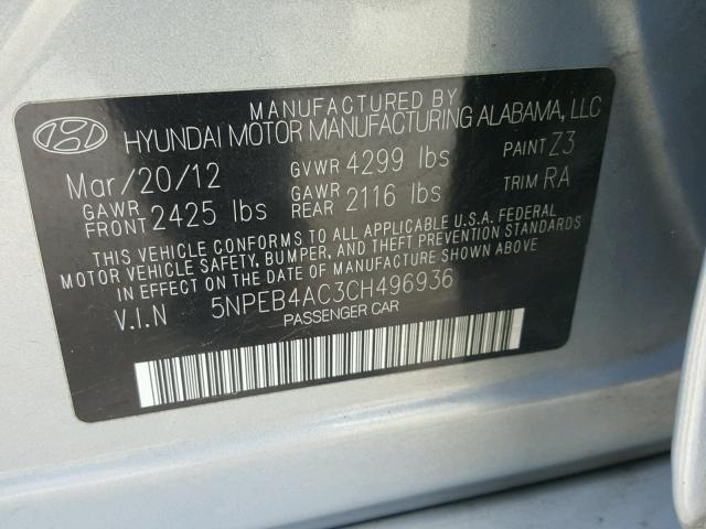 5NPEB4AC3CH496936 - 2012 HYUNDAI SONATA GLS SILVER photo 10