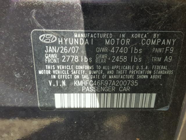 KMHFC46F97A200735 - 2007 HYUNDAI AZERA SE PURPLE photo 10