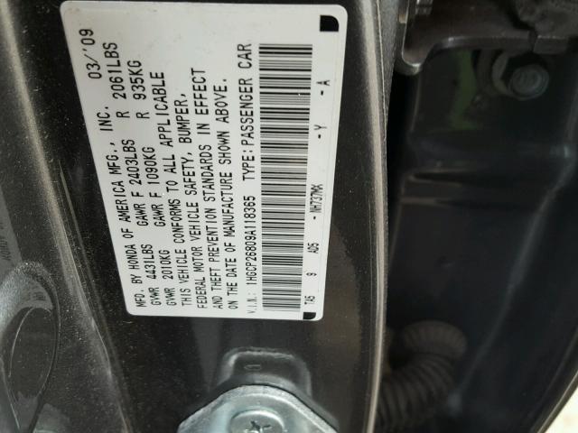 1HGCP26809A118365 - 2009 HONDA ACCORD EXL GRAY photo 10