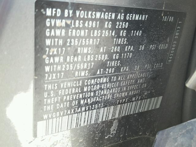 WVGBV7AX7AW512511 - 2010 VOLKSWAGEN TIGUAN SE 银色 照片 10