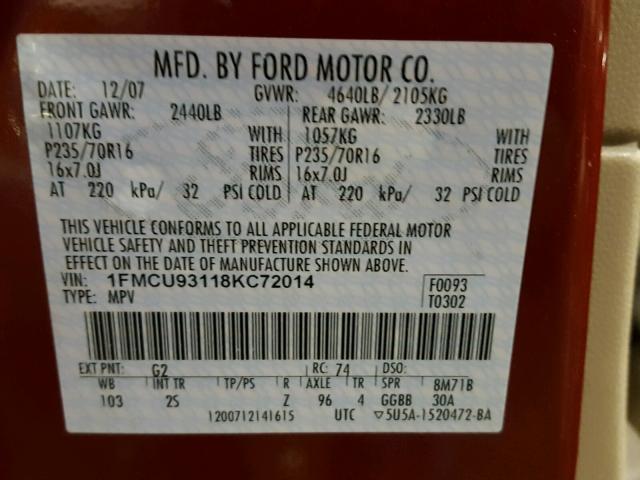 1FMCU93118KC72014 - 2008 FORD ESCAPE XLT RED photo 10