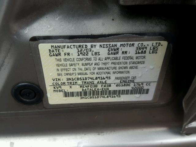 3N1CB51D74L891695 - 2004 NISSAN SENTRA 1.8 GOLD photo 10