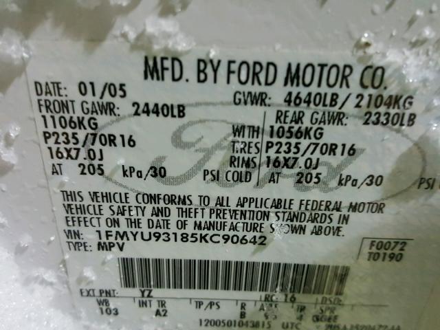 1FMYU93185KC90642 - 2005 FORD ESCAPE XLT WHITE photo 10