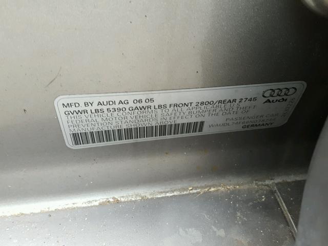 WAUDL74F66N038244 - 2006 AUDI A6 4.2 QUA SILVER photo 10