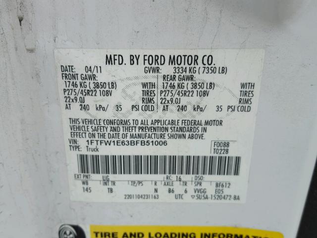 1FTFW1E63BFB51006 - 2011 FORD F150 SUPER WHITE photo 10