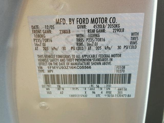 1FMYU93Z16KC05566 - 2006 FORD ESCAPE XLT GRAY photo 10