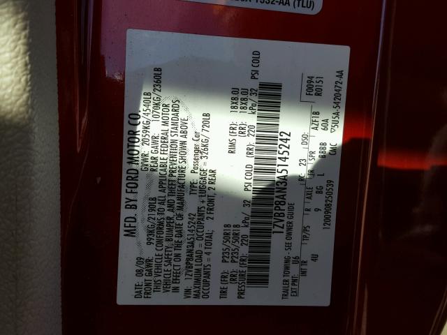 1ZVBP8AN3A5145242 - 2010 FORD MUSTANG RED photo 10