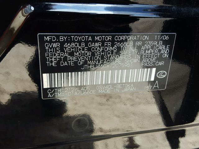 JTHBJ46GX72075951 - 2007 LEXUS ES 350 BLACK photo 10