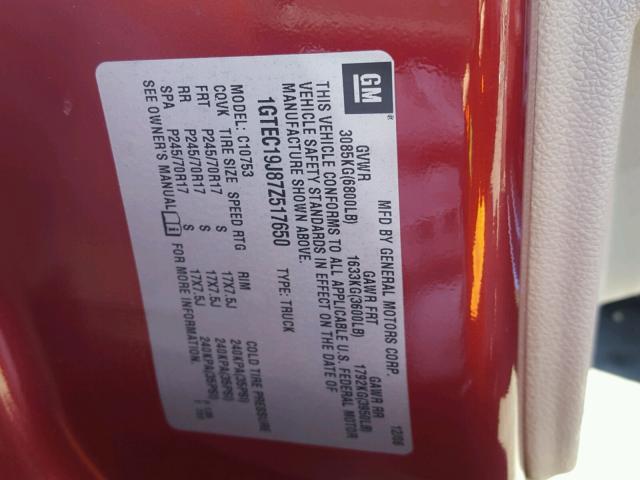 1GTEC19J87Z517650 - 2007 GMC NEW SIERRA RED photo 10