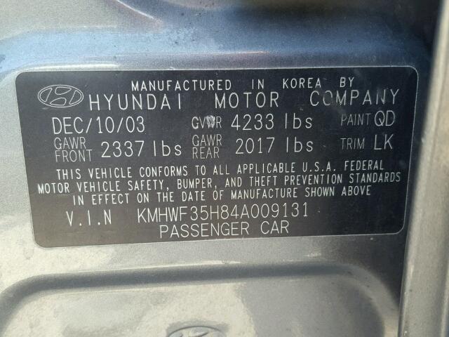 KMHWF35H84A009131 - 2004 HYUNDAI SONATA GLS GRAY photo 10